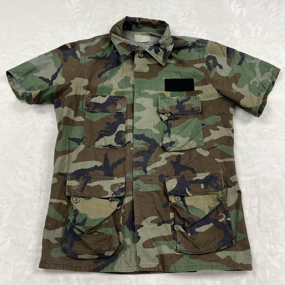 Military Combat Coat Mens large Green Woodland Camo Ripstop Short Sleeve BDU
